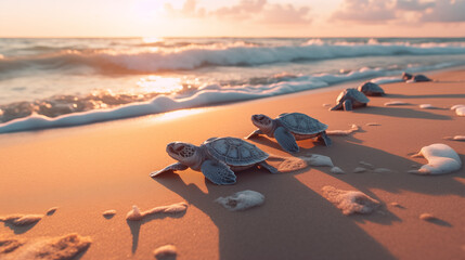 Baby sea turtles crawling across sandy beach toward ocean waves at sunrise