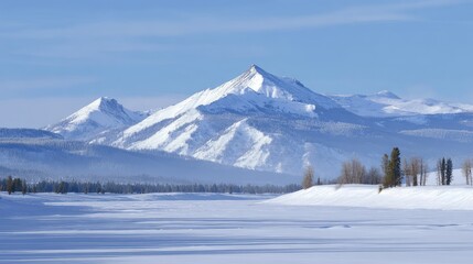 Obraz premium Majestic Snow-Covered Mountains Under a Clear Blue Sky with a Tranquil Frozen River and Pine Trees in a Serene Winter Landscape