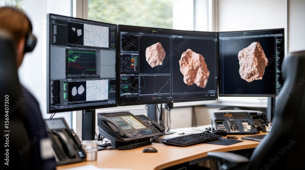 Poster survey mapping exploration concept, high-technology office with large multi-monitor setup displaying