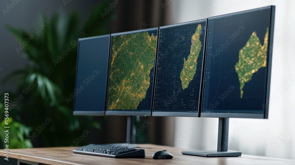 Poster survey mapping exploration concept, multi-monitor setup displaying detailed geological maps on large