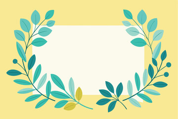 Turquoise leaves and yellow blooms border a clean white rectangle on a lemon colored backdrop