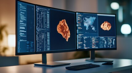 Survey Mapping Exploration Concept, Large Multi-Monitor Setup Displaying Geological Map and Data Visualizations in Modern Office Environment