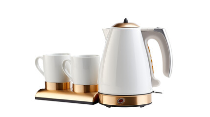 Modern white kettle paired with two white cups shines isolated on transparent background