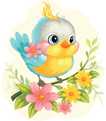 Cute cartoon-style bird sitting on a flowering branch