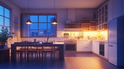 Modern kitchen at night with city view, dining table, and warm lighting.