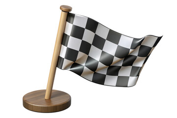 Waving checkered racing flag on wooden pole and base isolated on transparent background