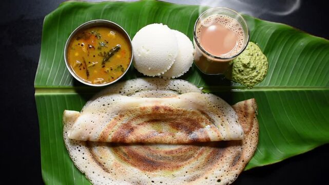 Delicious South Indian Breakfast Idli, Dosa, Sambar, and Chutney