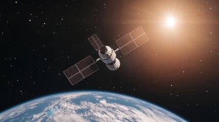 Survey Mapping Exploration Concept, Modern Satellite Orbiting Earth in High Resolution Capturing Stunning View with Sunlight in Background