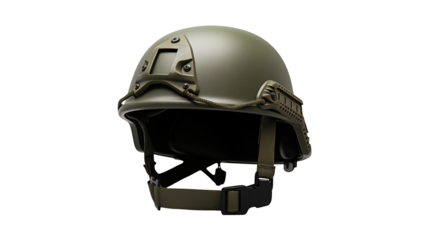 Olive green military helmet for tactical gear and protective wear isolated on transparent background