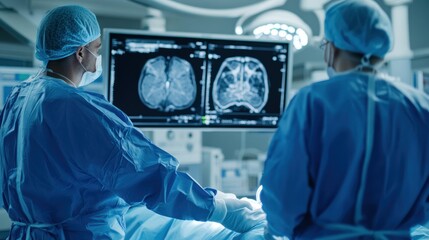 Neurosurgeons reviewing brain scan during surgery.