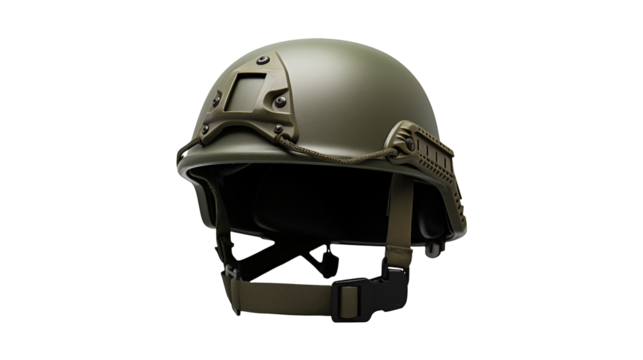 Olive green military helmet for tactical gear and protective wear isolated on transparent background - Powered by Adobe
