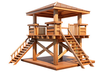 Wooden observation tower with stairs and roof isolated on transparent background