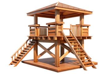 Wooden observation tower with stairs and roof isolated on transparent background