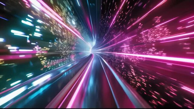 Dynamic tunnel with bright light strips, creating the effect of speed and movement. Suitable for technology and innovation presentations and as a background for scientific and futuristic themes.
