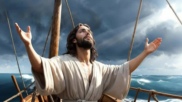 Jesus calming the storm. Biblical scene religious concept.