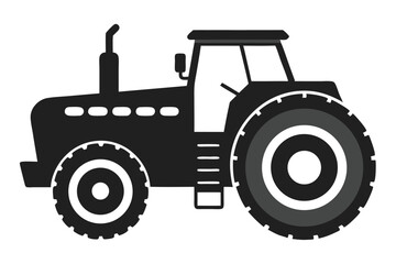 Black tractor with large wheels is positioned on a transparent white background