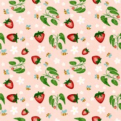 Strawberry and Bee Watercolor Pattern