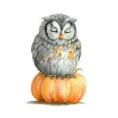 Sleepy Owl Watercolor Illustration Perched on a Pumpkin in a Cozy Autumn Setting