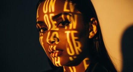 Female with artistic light projections and mysterious letters on face