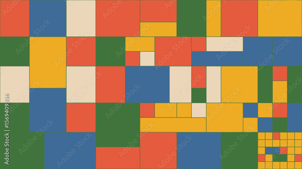 Poster a colorful abstract geometric pattern with squares and rectangles in various sizes and arrangements