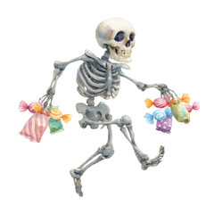 Playful Skeleton Dancing with Colorful Candy Bags in a Whimsical Style