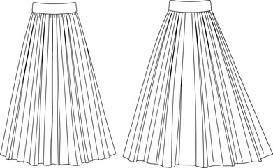 Long pleated skirt fashion flat, technical sketch, front and back view, vector illustration, maxi skirt template, garment design flat vector illustration