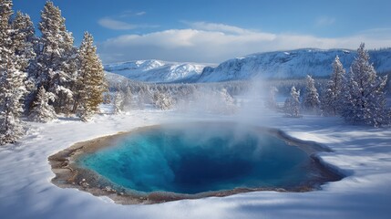 Majestic geothermal hot spring surrounded by pristine snow-covered landscape in winter at Yellowstone National Park with clear blue water and steam rising from surface
