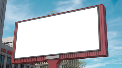 Fototapeta premium Vibrant Billboard Against a Blue Sky Urban Landscape Advertising Marvel, Red Frame Structure, Striking Visual