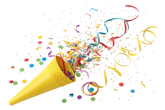 Yellow party popper exploding with colorful confetti and streamers isolated on transparent background