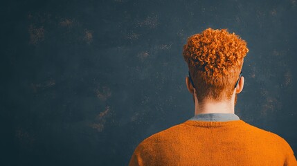 Man with Curly Red Hair Wearing Orange Sweater, Back View