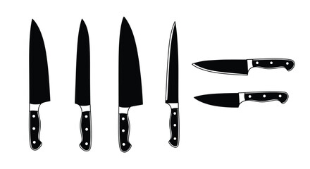 Sharp, stainless steel kitchen knives, including a chef's set, are isolated on a white background