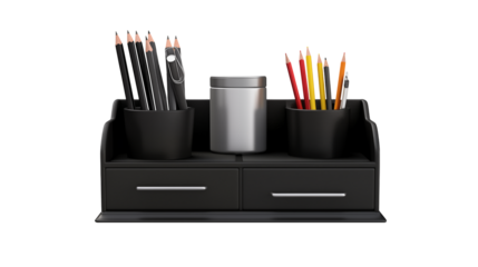 Desk organizer showcasing pencils and a container isolated on transparent background