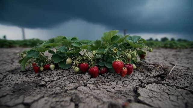 Vibrant strawberry patch against a backdrop of dramatic storm clouds on a moody day