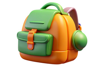 Cute 3d rendered backpack with green and orange colors isolated on transparent background