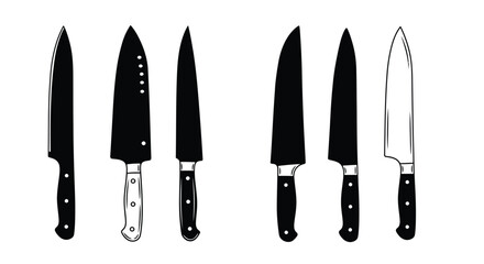 Sharp, stainless steel kitchen knives, including a chef's set, are isolated on a white background