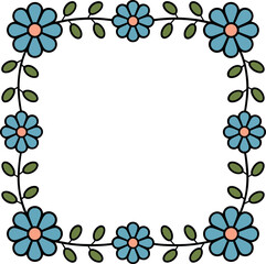 Blue daisy square floral frame, hand drawn flower border, botanical wreath, spring invitation, decorative vector illustration