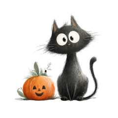 Curious Black Cat with Large Eyes Sitting Next to a Halloween Pumpkin, Perfect for Seasonal Themes and Spooky Celebrations