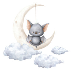 Adorable Cartoon Bat Hanging Upside Down from a Crescent Moon with Soft Clouds in a Dreamy Night Sky Illustration