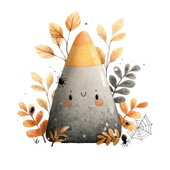 Smiling Candy Corn Character Surrounded by Leaves and Spiderwebs, Perfect for Halloween-Themed Designs and Illustrations