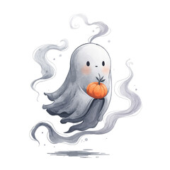 Whimsical Ghost Character Holding Tiny Pumpkin Surrounded by Mystical Whispers in a Playful Halloween Scene