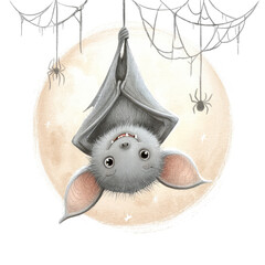 Lively Halloween Bat Hanging Upside Down Surrounded by Webs and Spiders in a Whimsical Composition