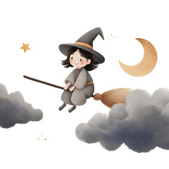 Cute Halloween Illustration of a Little Cuddly Witch Flying on a Broomstick with Stars and a Crescent Moon