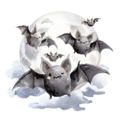Friendly Halloween Bat Illustration in Watercolor Style with Moon and Clouds for Festive Decor