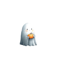 Adorable Little Ghost Holding a Tiny Pumpkin Surrounded by an Enchanting Halloween Atmosphere