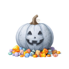 Cheeky Gray Jack-o'-Lantern with a Grin Surrounded by Colorful Halloween Candy