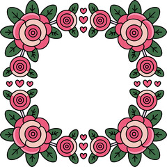 Pink rose square floral frame, hand drawn flower border, botanical wreath, romantic invitation, decorative vector art
