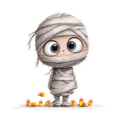 Playful Mummy Character with Big Eyes Surrounded by Candy Corn on a Whimsical Halloween Background