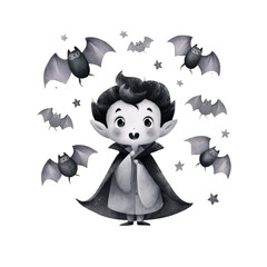 Playful Little Vampire Character Surrounded by Bats with a Whimsical Expression and Charming Look