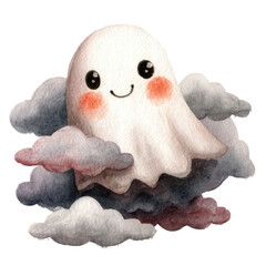 Whimsical Watercolor Illustration of a Friendly Ghost Surrounded by Soft Clouds for Playful and Imaginative Themes