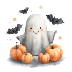 Friendly Ghost Surrounded by Pumpkins and Bats in Playful Watercolor Illustration